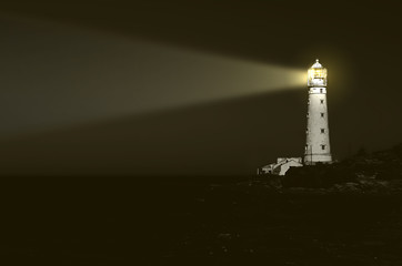 Poster Vuurtoren Vuurtoren bij nacht met lichtstraal  © romantiche