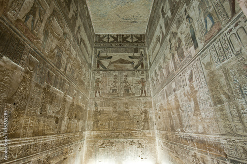 Egyptian hieroglyphic paintings on a temple wall