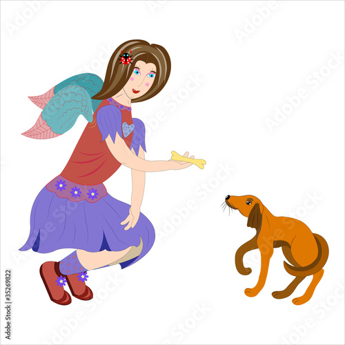 Angel feeds a puppy.