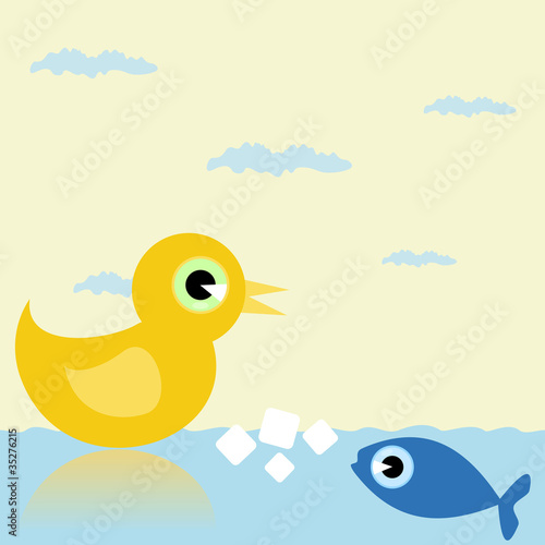 The duck and fish divide a forage into the sea