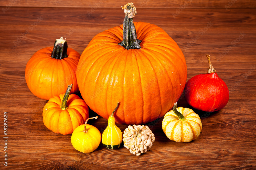 Ripe pumpkin fruits on wooden background Ripe pumpkin fruits on wooden background