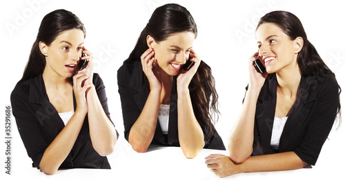 mujer hablando por telefono en varias posiciones aislado photo