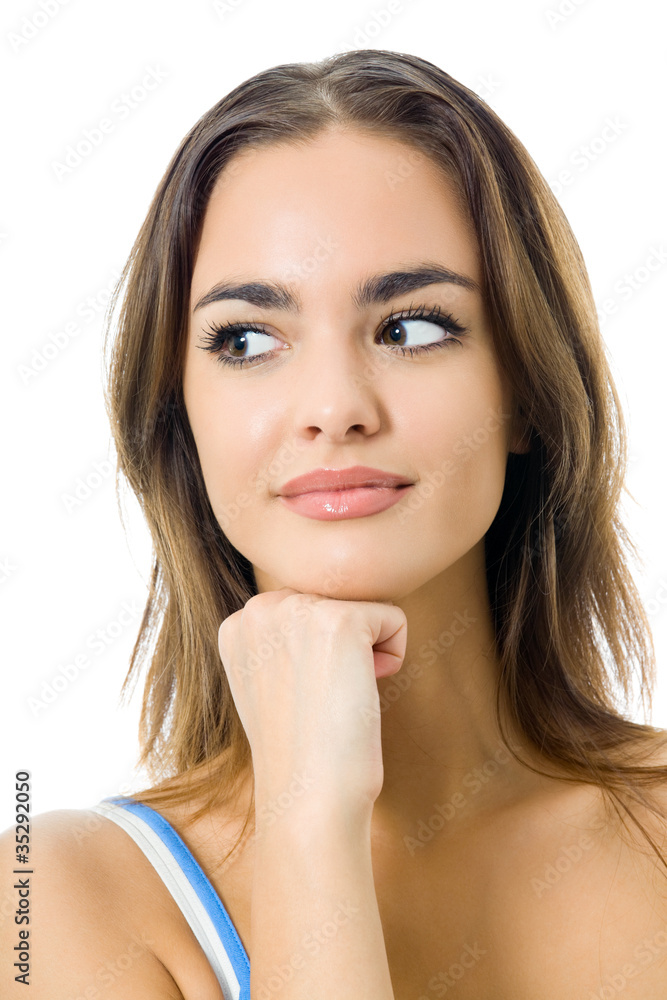 Portrait of thinking woman in sportswear, isolated Portrait of thinking woman in sportswear, isolated