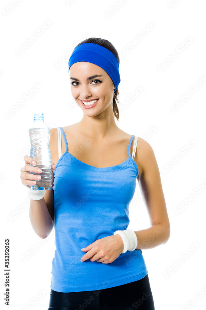 Happy woman in sportswear drinking water, isolated Happy woman in sportswear drinking water, isolated