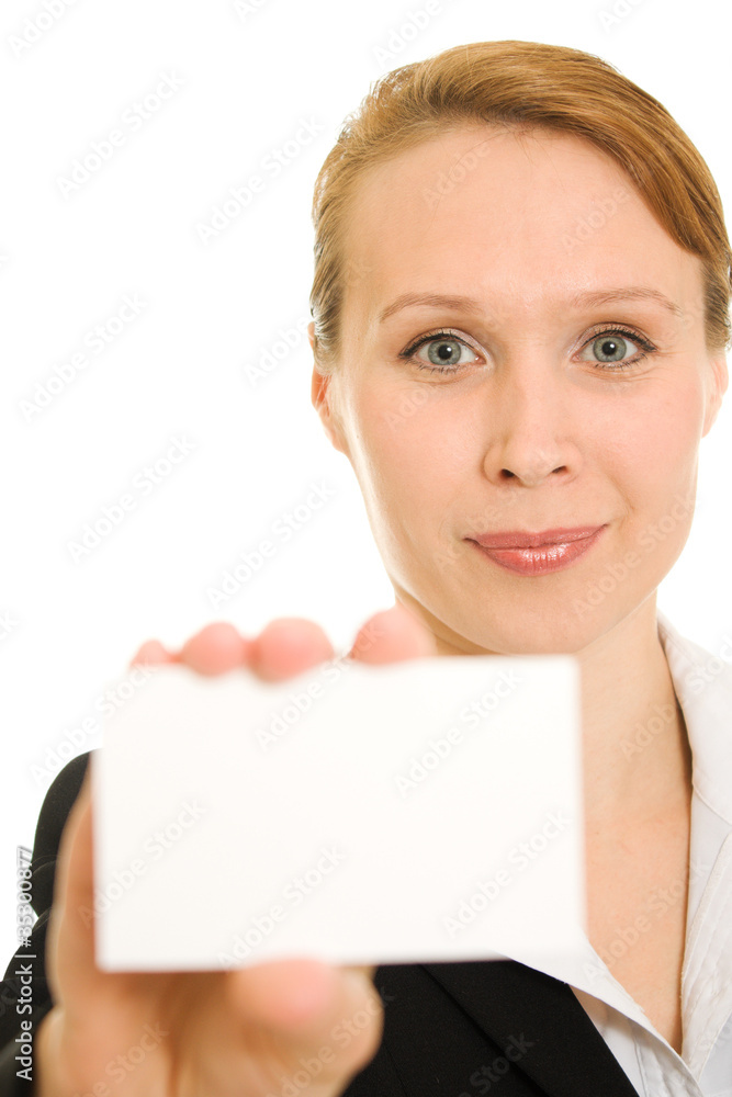 Businesswoman with visit card in his hand. Businesswoman with visit card in his hand.