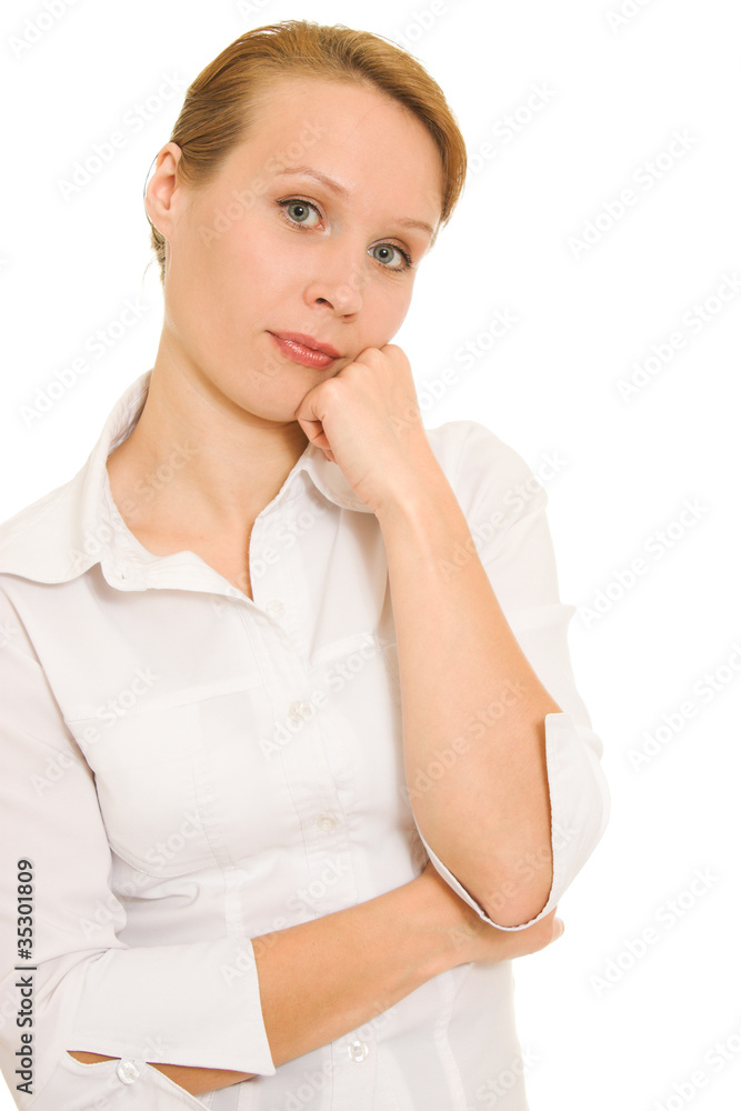 Thinking businesswoman on a white background. Thinking businesswoman on a white background.