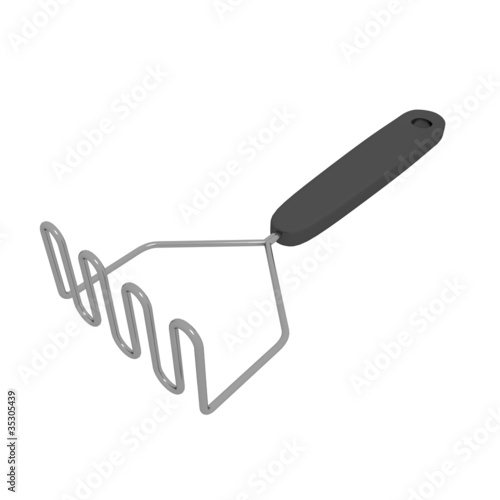Stainless steel potato masher with black handle, 3D illustration
