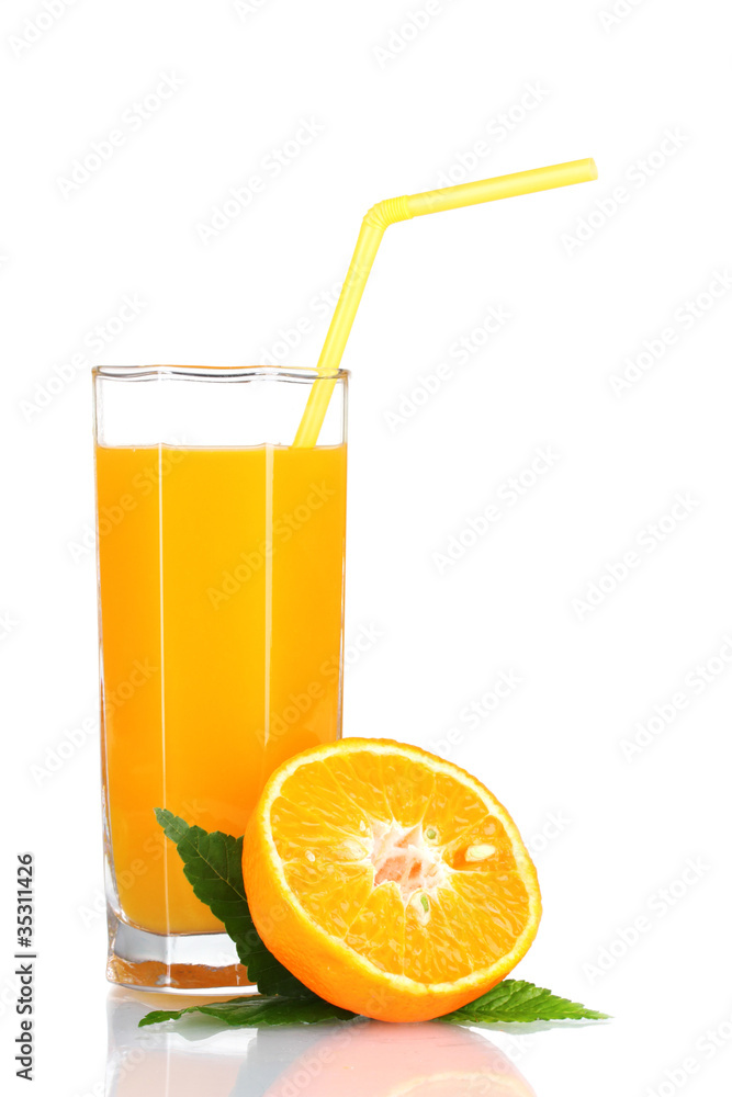 Orange juice in glass and orange isolated on white Orange juice in glass and orange isolated on white