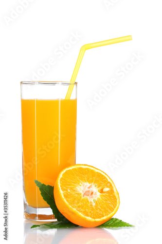 Orange juice in glass and orange isolated on white