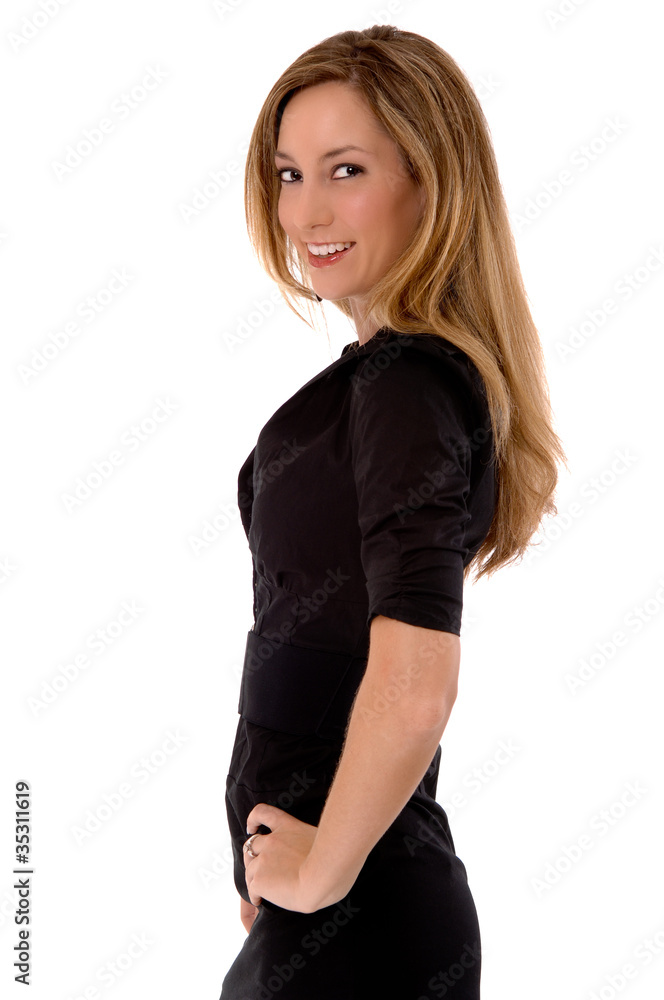Blond beauty in a short black dress isolated on white Blond beauty in a short black dress isolated on white