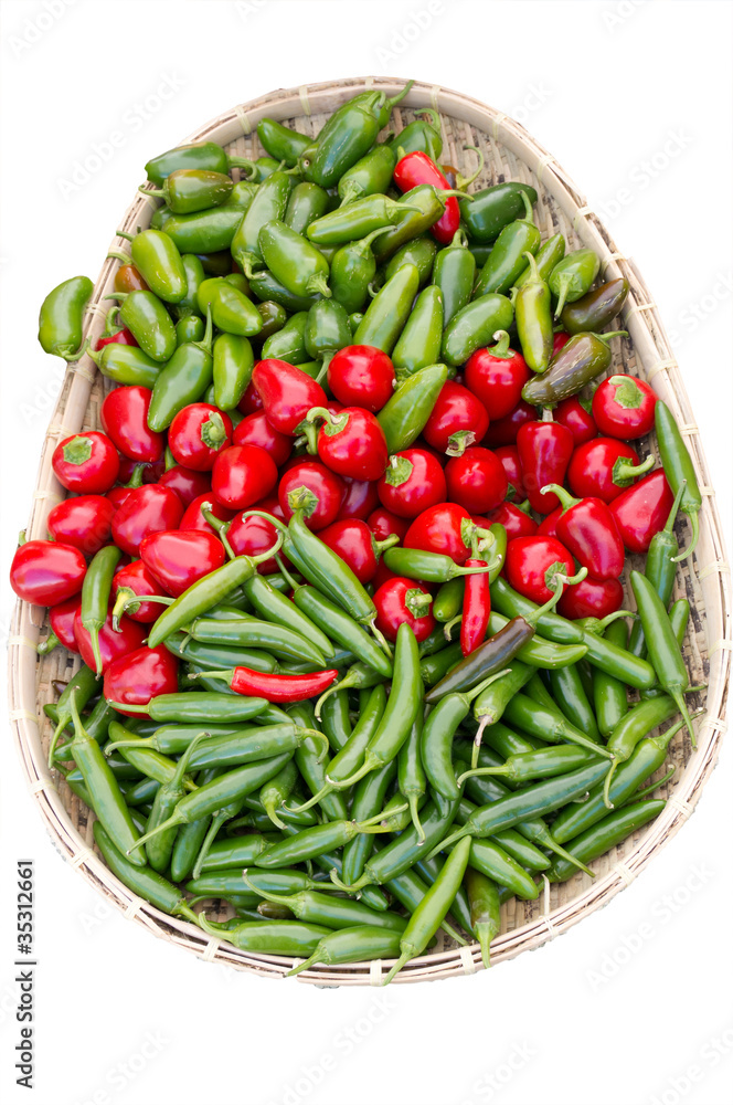 Basket of assorted peppers on display Basket of assorted peppers on display