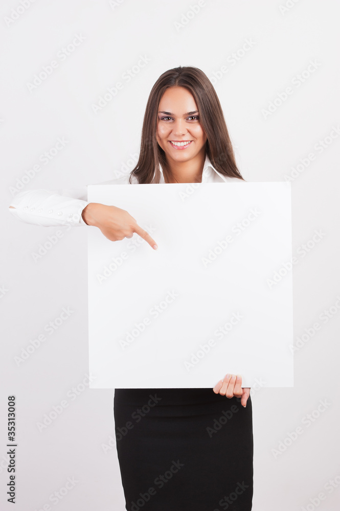 Happy smiling young business woman showing blank signboard, Happy smiling young business woman showing blank signboard,