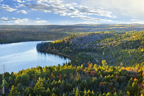 Fall forest and lake top view photo