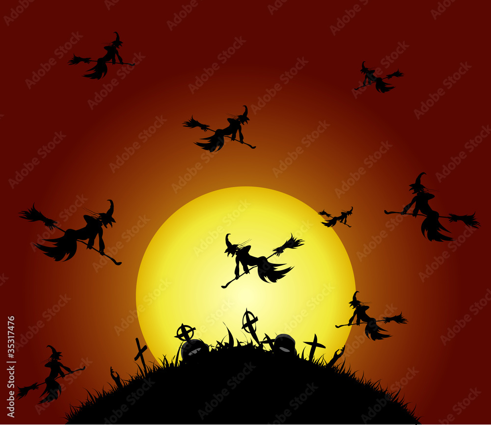 Witches fly on the cemetery, vector