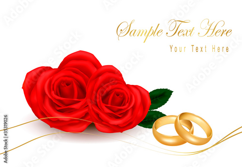 Wedding rings and roses bouquet. Vector