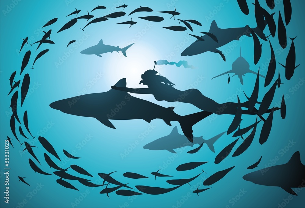 Naklejka premium The girl and sharks