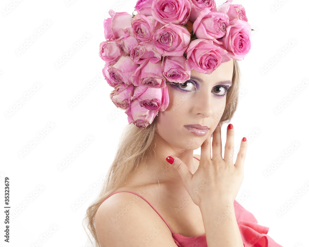 young beautiful woman with pink flowers