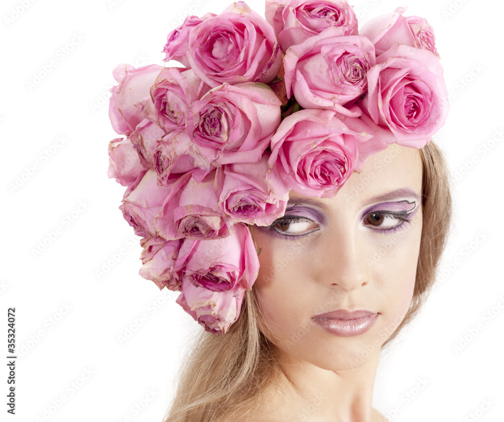 young beautiful woman with pink flowers