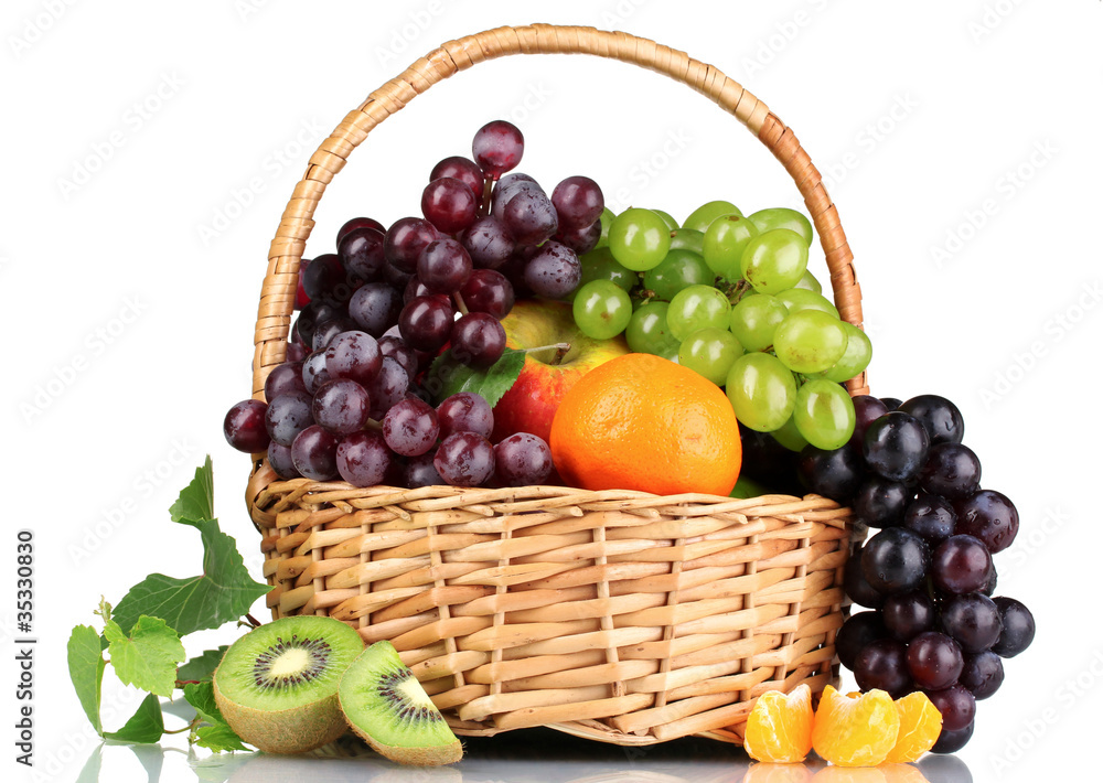 Ripe juicy fruits in basket isolated on white Ripe juicy fruits in basket isolated on white