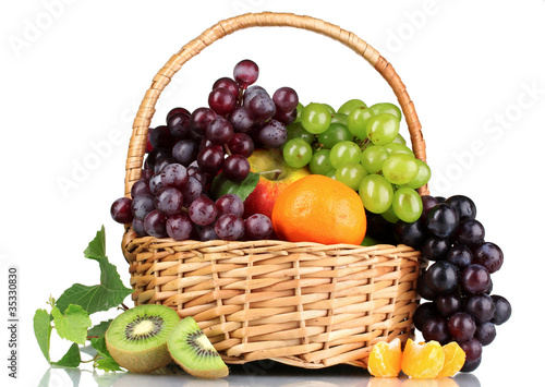 Ripe juicy fruits in basket isolated on white