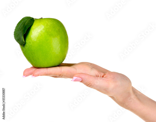 Woman hand holdig ripe organic apple isolated on white