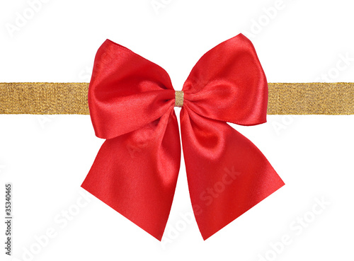 red and golden gift satin ribbon bow on white background