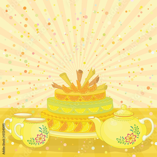Cake, teapot and cups