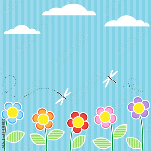 Background with flowers and flying dragonflies
