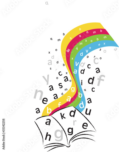 open book with letters and rainbow