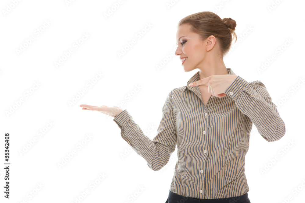 young woman showing empty copy space for product or text etc young woman showing empty copy space for product or text etc