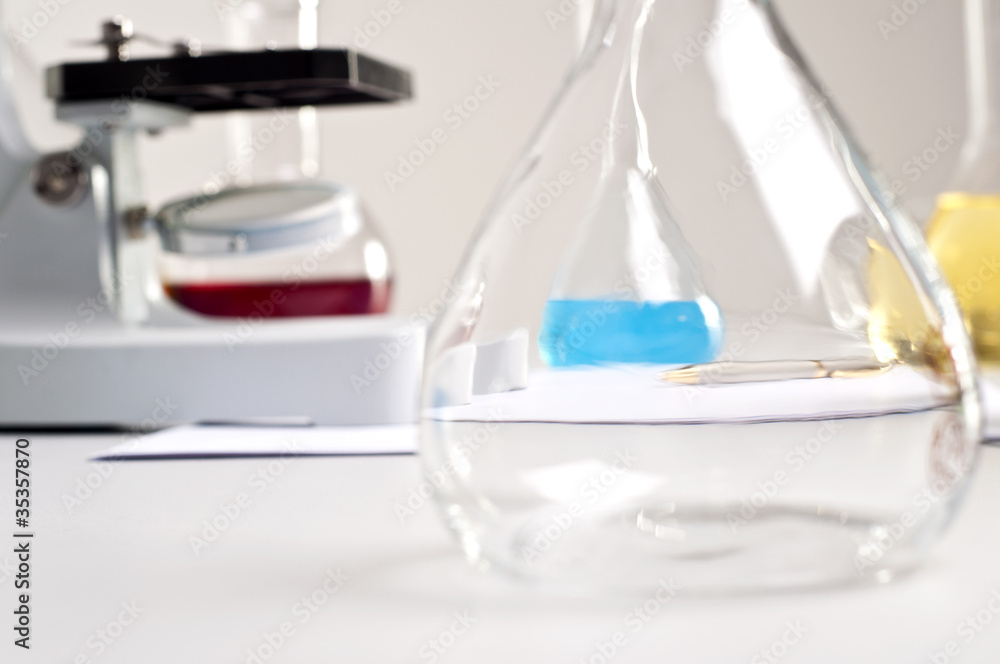 lab flasks, tubes, microscope, lab workplace lab flasks, tubes, microscope, lab workplace