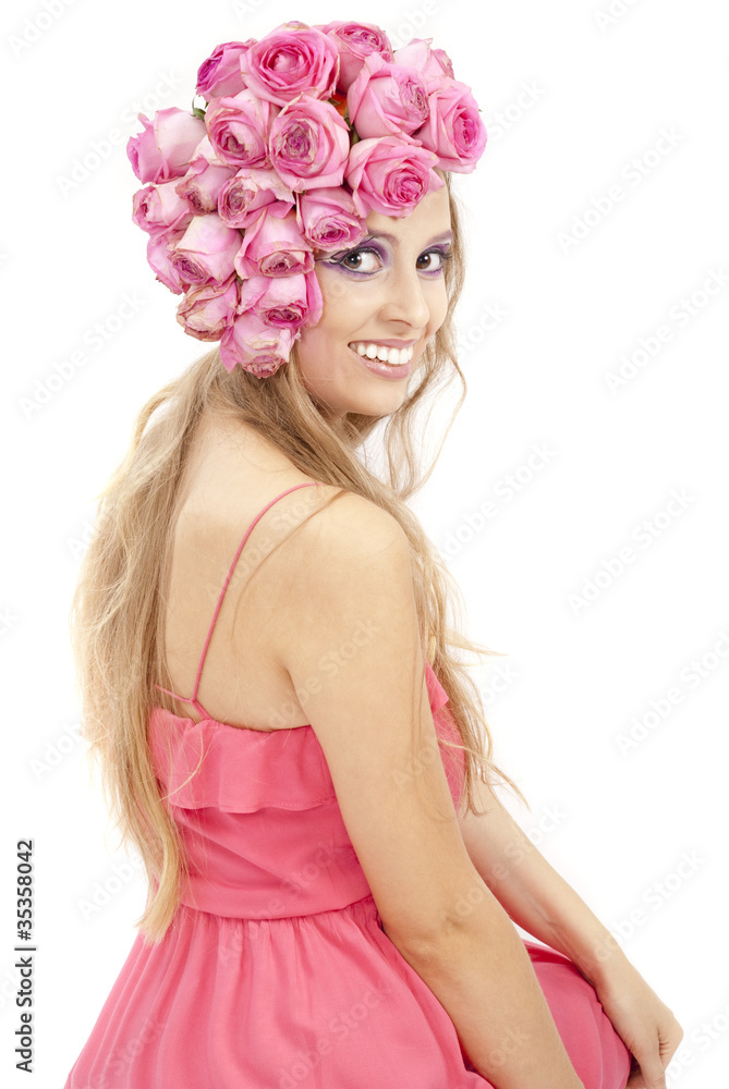 young beautiful woman with pink flowers young beautiful woman with pink flowers
