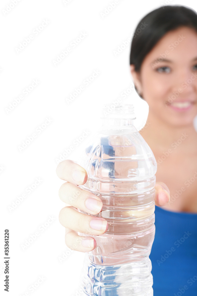 beautiful woman with bottle of water over white beautiful woman with bottle of water over white