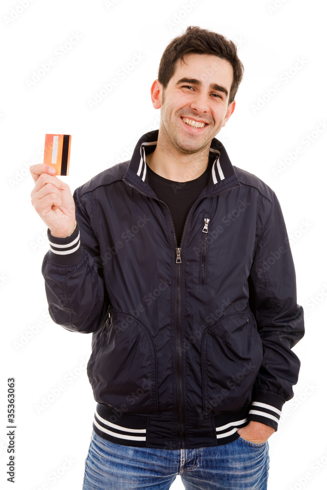 Smiling young man holding credit card, isolated on white Smiling young man holding credit card, isolated on white