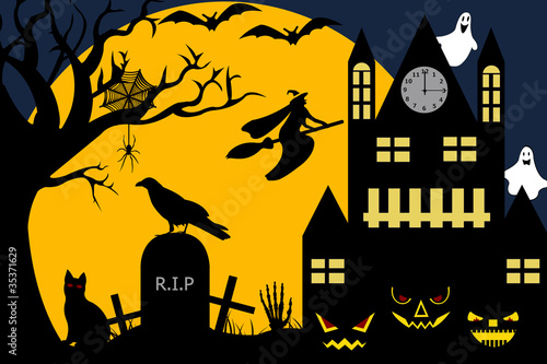 Halloween illustration of a witch flying
