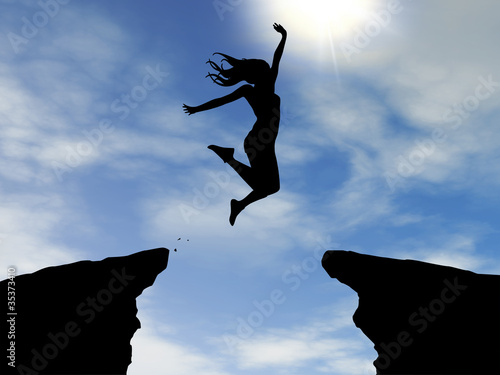 Frau springt über Schlucht - Silhouette - day