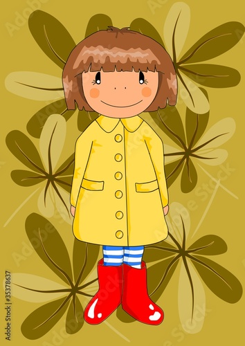 Happy young gril in red wellingtons and yellow raincoat