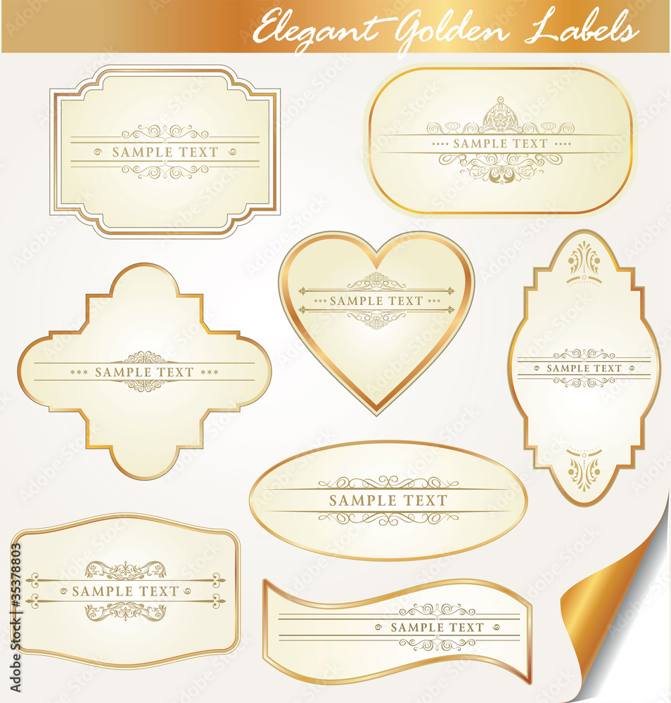 golden labels with calligraphic elements
