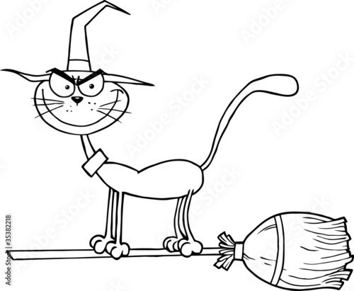 Outlined Cat Which Fly A Broom