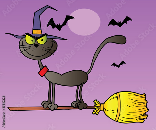 Black Cat Which Fly A Broom In Halloween Night