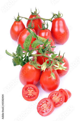 Red tomatoes, variety, green leaves