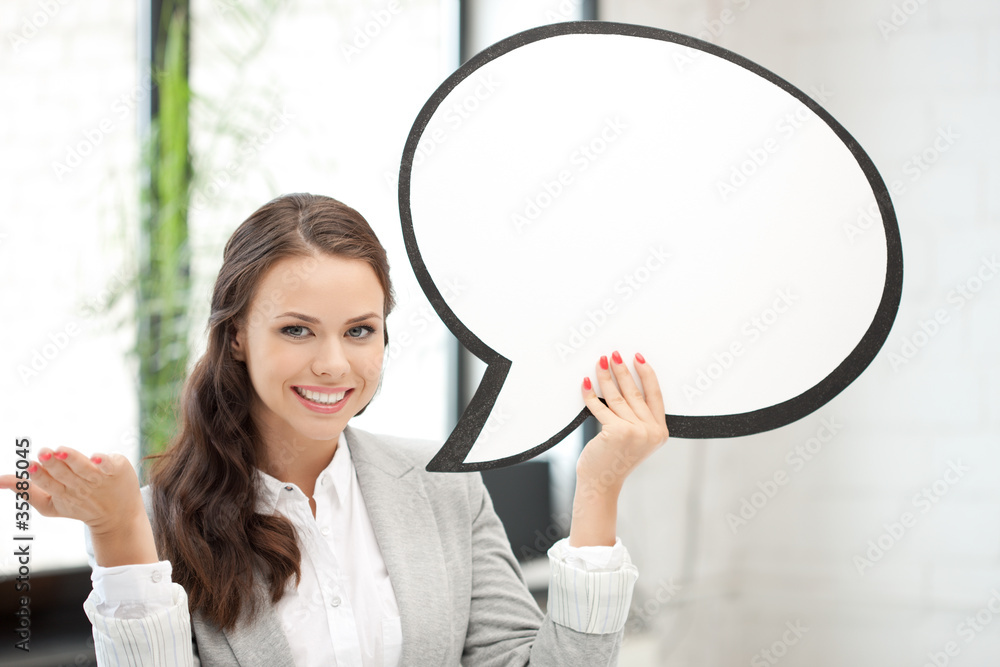 smiling businesswoman with blank text bubble smiling businesswoman with blank text bubble