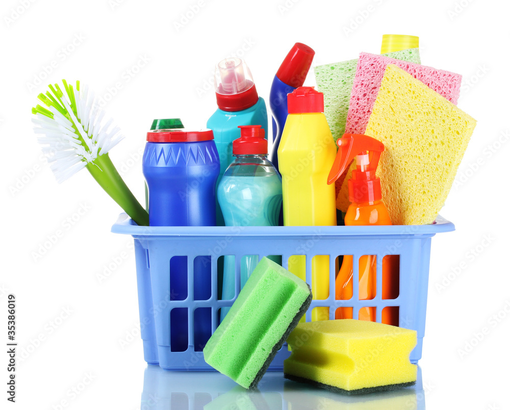 full box of cleaning supplies and sponges isolated on white full box of cleaning supplies and sponges isolated on white