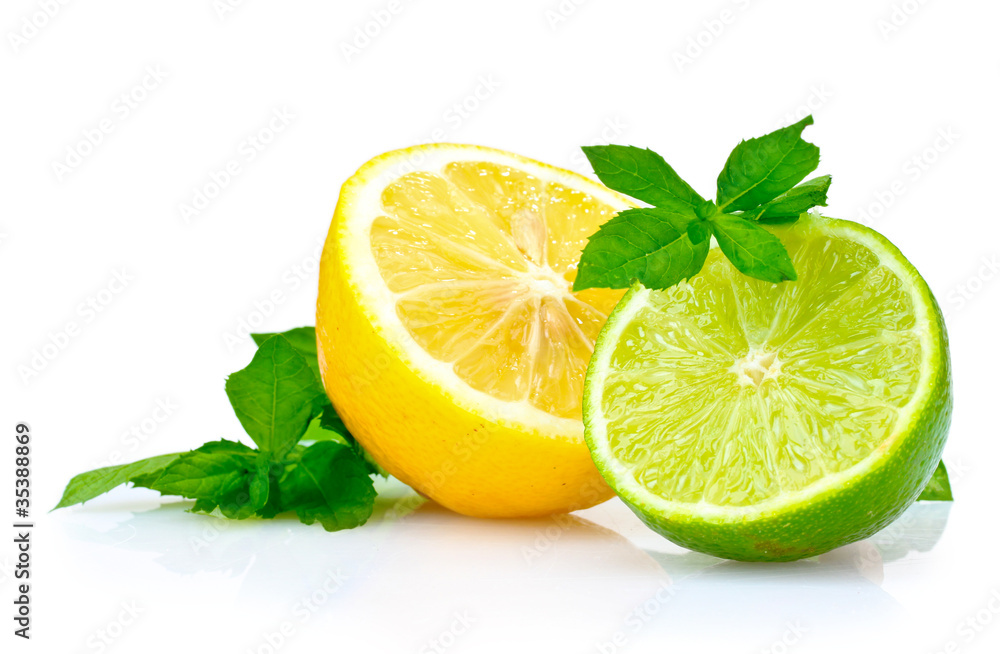 fresh lime, lemon and mint isolated on white fresh lime, lemon and mint isolated on white