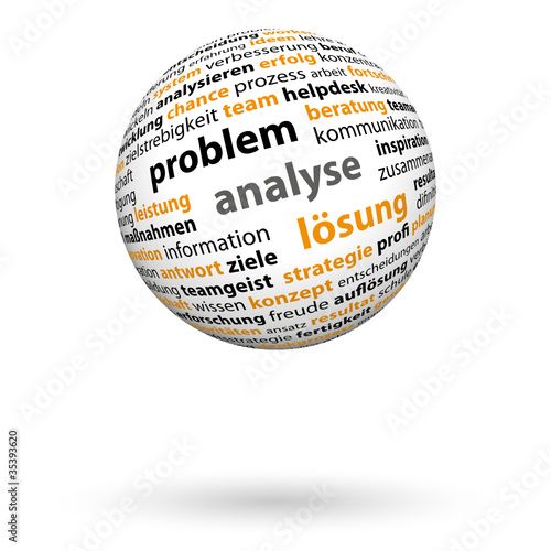 3D Kugel, Problem, Analyse, Lösung, Wortwolke, schwebend