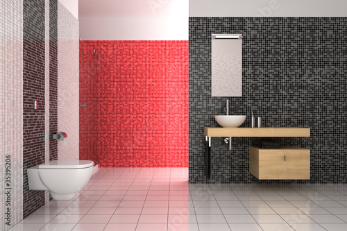 modern bathroom with black  red and white tiles