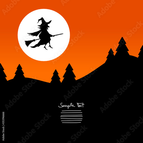 Halloween Background Flying Witch & Full Moon