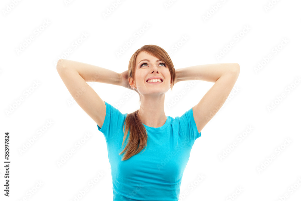Happy woman with hands behind her head Happy woman with hands behind her head