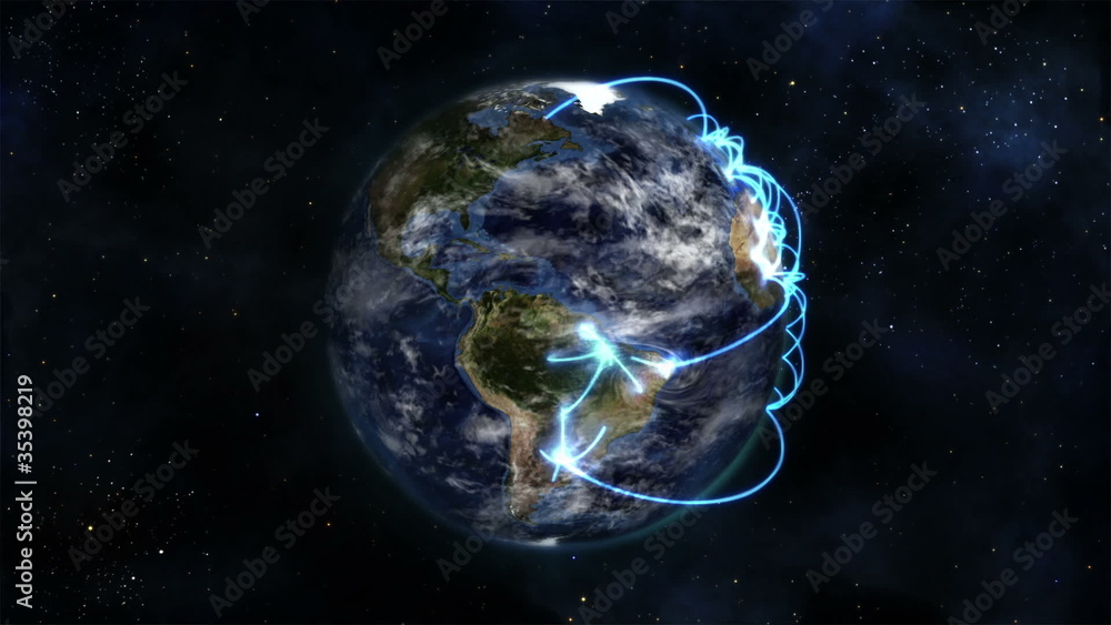 Cloudy Earth turning with blue connections on itself Cloudy Earth turning with blue connections on itself