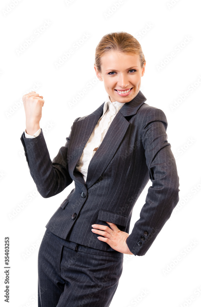 Happy gesturing businesswoman , on white Happy gesturing businesswoman , on white